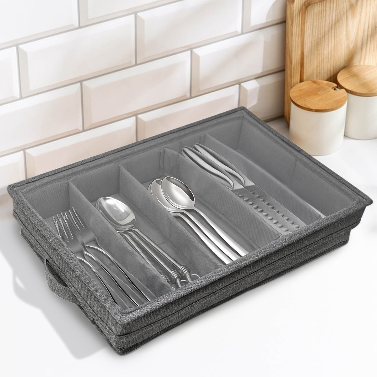 Flatware Storage Case - Durable 5 Compartment Silverware Storage Container  Box with Removable Lid and Easy to Carry Handles - Large Capacity Keeps