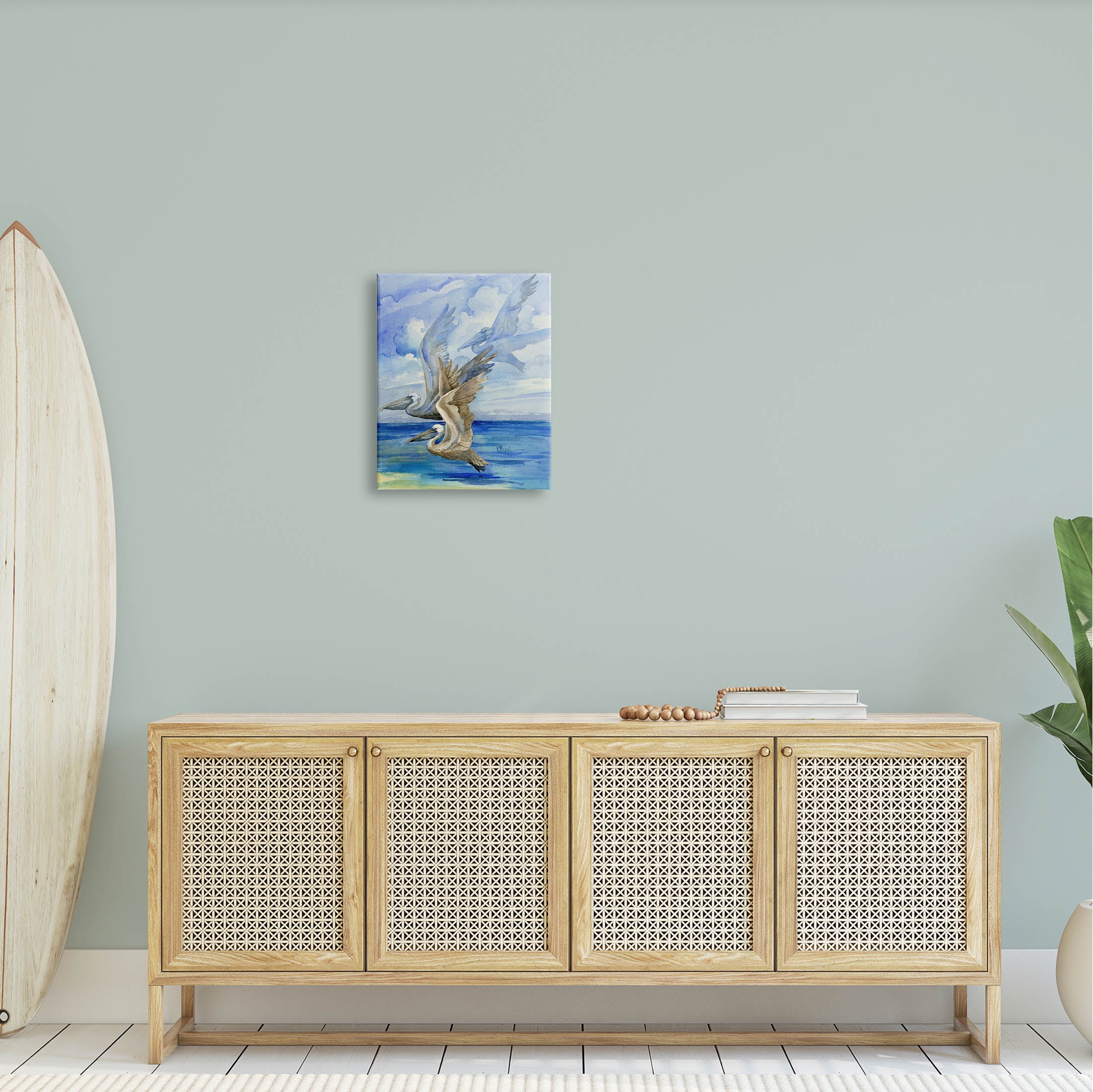 Stupell Industries Pelicans Trio Over Ocean Shore Painting Gallery Wrapped Canvas Print Wall Art, Design by Paul Brent