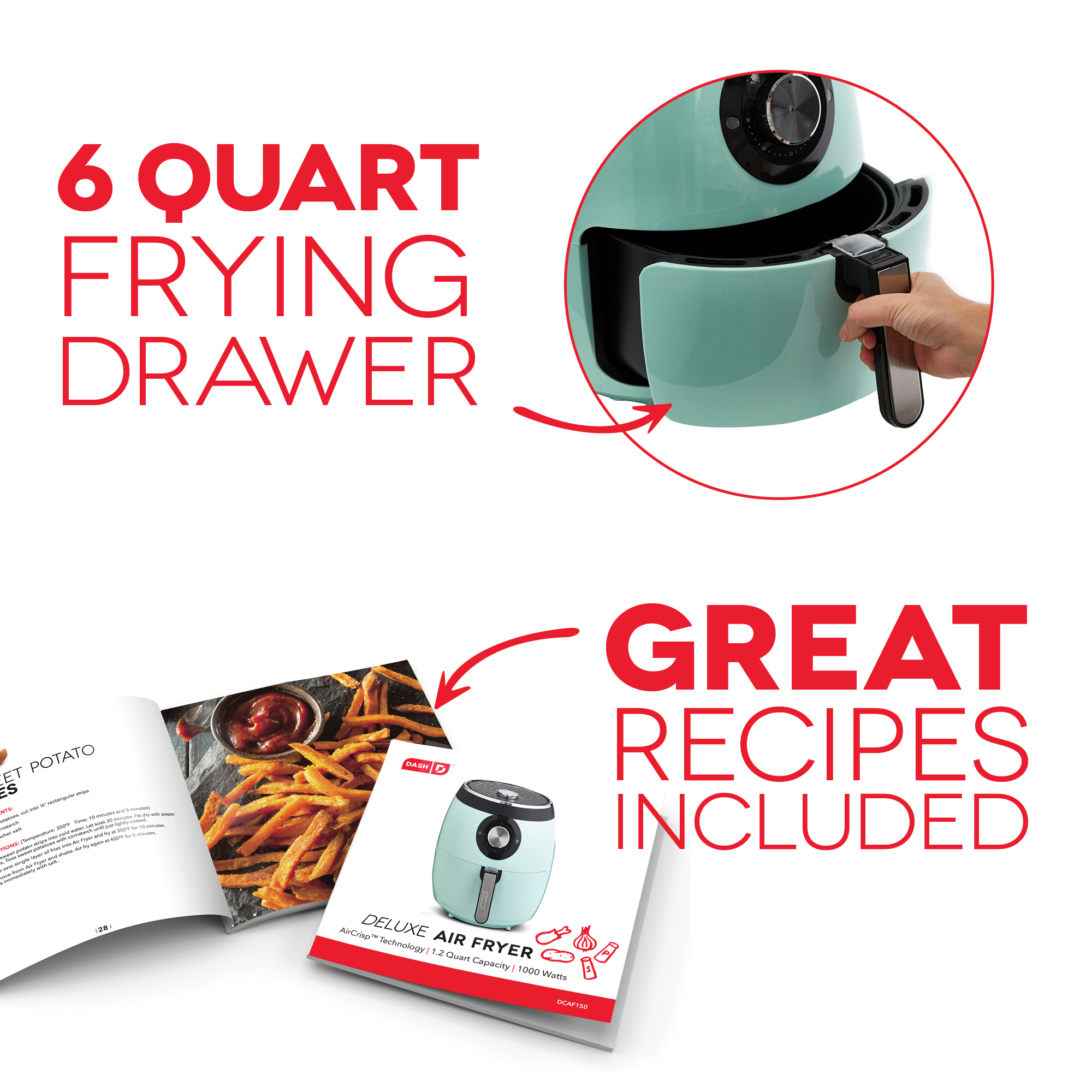 Dash Deluxe Electric Air Fryer + Oven Cooker with Temperature Control, Non-stick Fry Basket, Recipe Guide + Auto Shut Off Feature, 1700-Watt, 6 Quart, Aqua