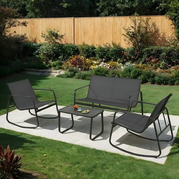 4-Piece Patio Furniture Set, Textilene Outdoor Conversation Set with 2 Rocking Chairs and Coffee Table, for Lawn, Garden, Balcony, Poolside (Black)