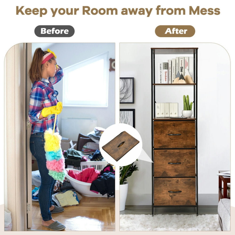 Demi Bonn Freestanding Bookshelf with 3 Drawer and 3 Shelves, Multifunctional Vertical Bookcase, Brown