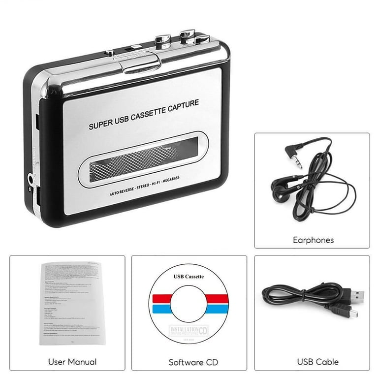 Cassette Player-Cassette Tape to MP3 CD Converter- Powered by Battery or  USB,Convert Walkman Tape Cassette to MP3, Compatible with Laptop and PC,  USB Cable,Software CD,3.5mm Jack Earphone 