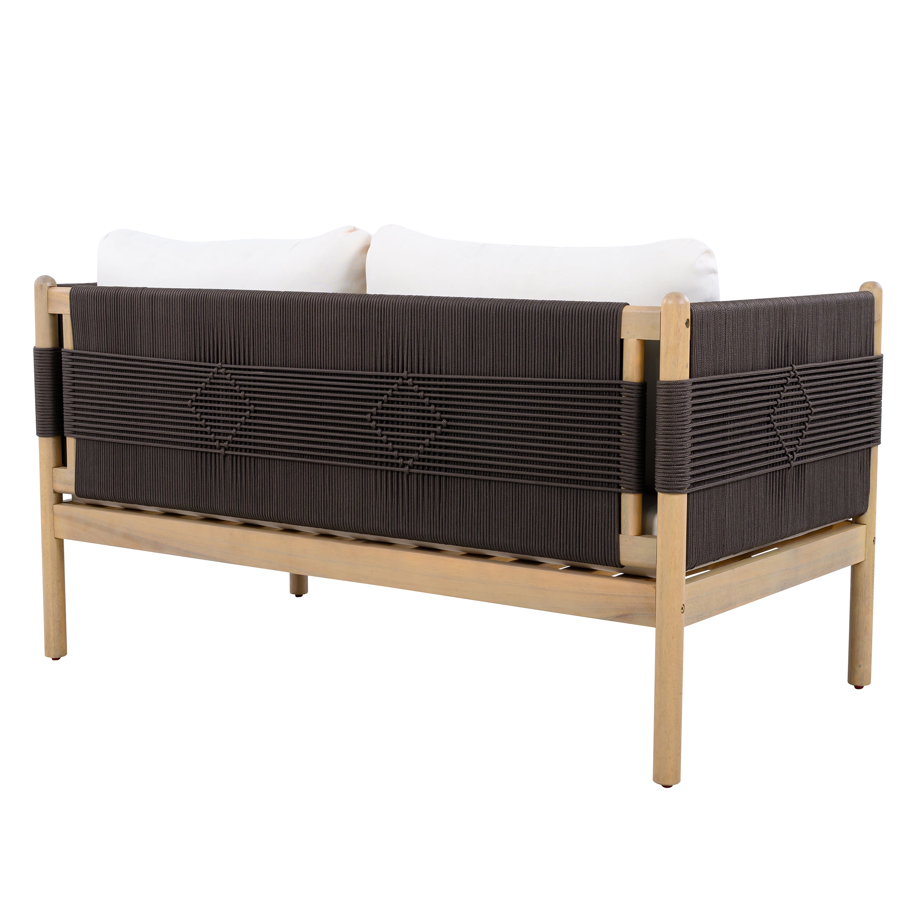Loveseat, Outdoor Acacia Wood Sofa with Diamond Rope Weave and Cushions for Patio Garden, Light Teak and Cream