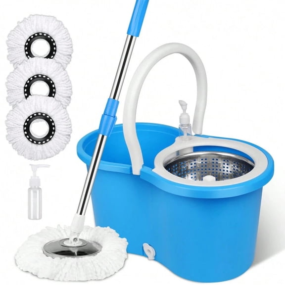 odorsTT Blue Spin Mop and Bucketwith Wringer Set, 360° Mop and Bucket System with 3 Microfiber Mop Refills and 61" Extended Handle, Spinning Mop Bucket for Floor Cleaning