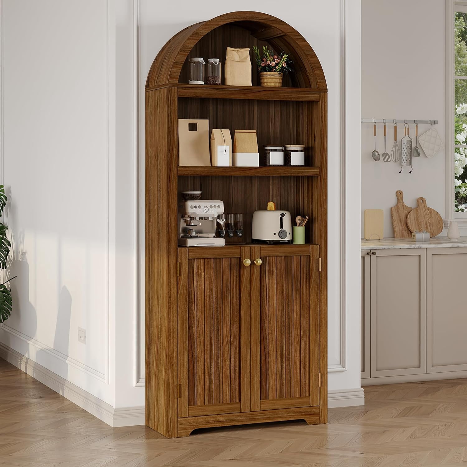 72" Tall Arched Pantry Cabinet with Doors, 5-Tier Kitchen Pantry Cabinet with Adjustable Shelf & Gold Handles, Wood Storage Cabinet for Dining Room, Kitchen, Living Room, Walnut
