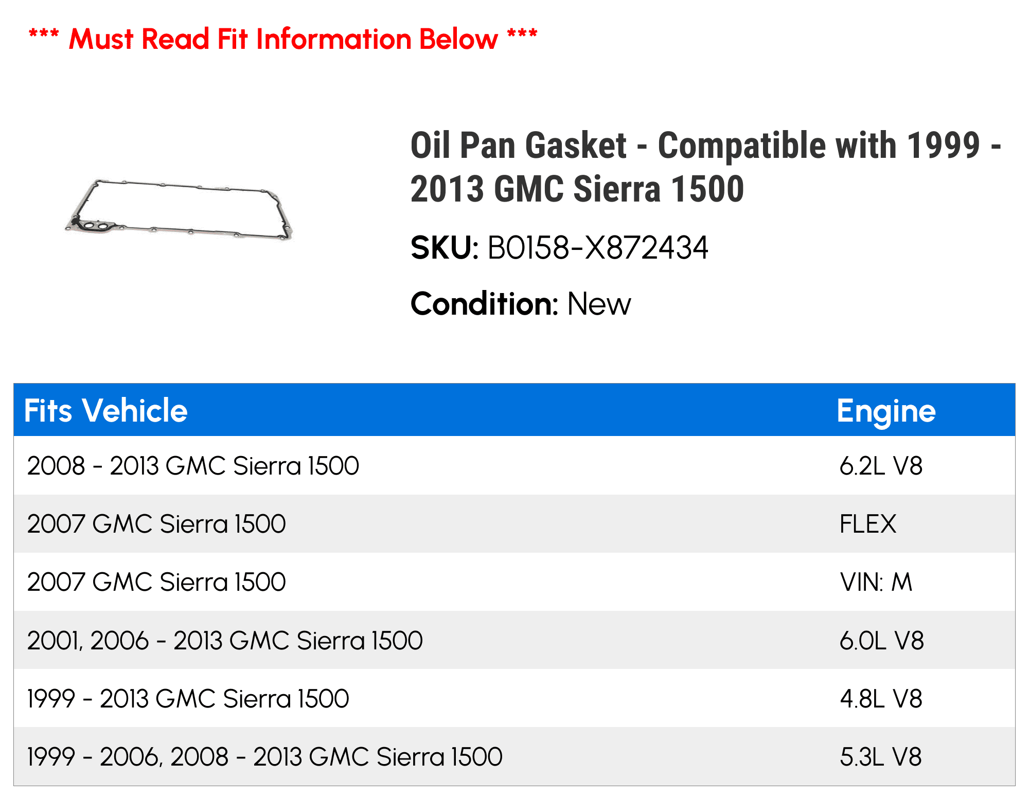 Oil Pan Gasket - Compatible with 1999 - 2013 GMC Sierra 1500 2000 2001 2002 2003 2004 2005 2006 2007 2008 2009 2010 2011 2012