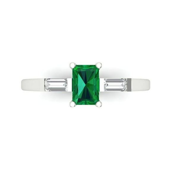 0.8 ct Emerald Cut Simulated Emerald Three-Stone Engagement Ring for Women in 14K White Gold