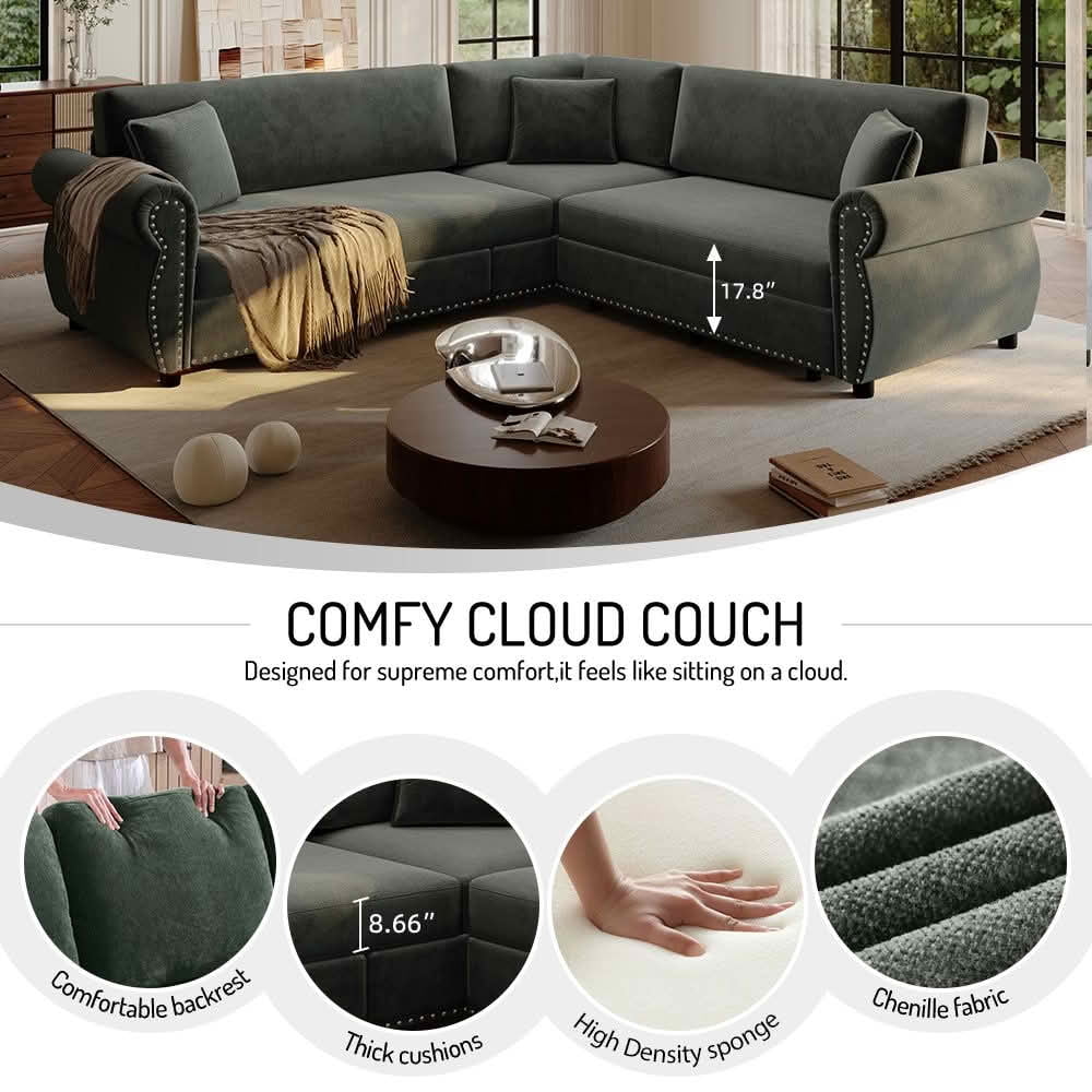 MAYEERTY 88.2" L‑Shaped Convertible Pull‑Out Sofa Bed, Chenille Sectional Couch with Nailhead Trim & Rolled Arms, Multifunctional Sleeper Sofa