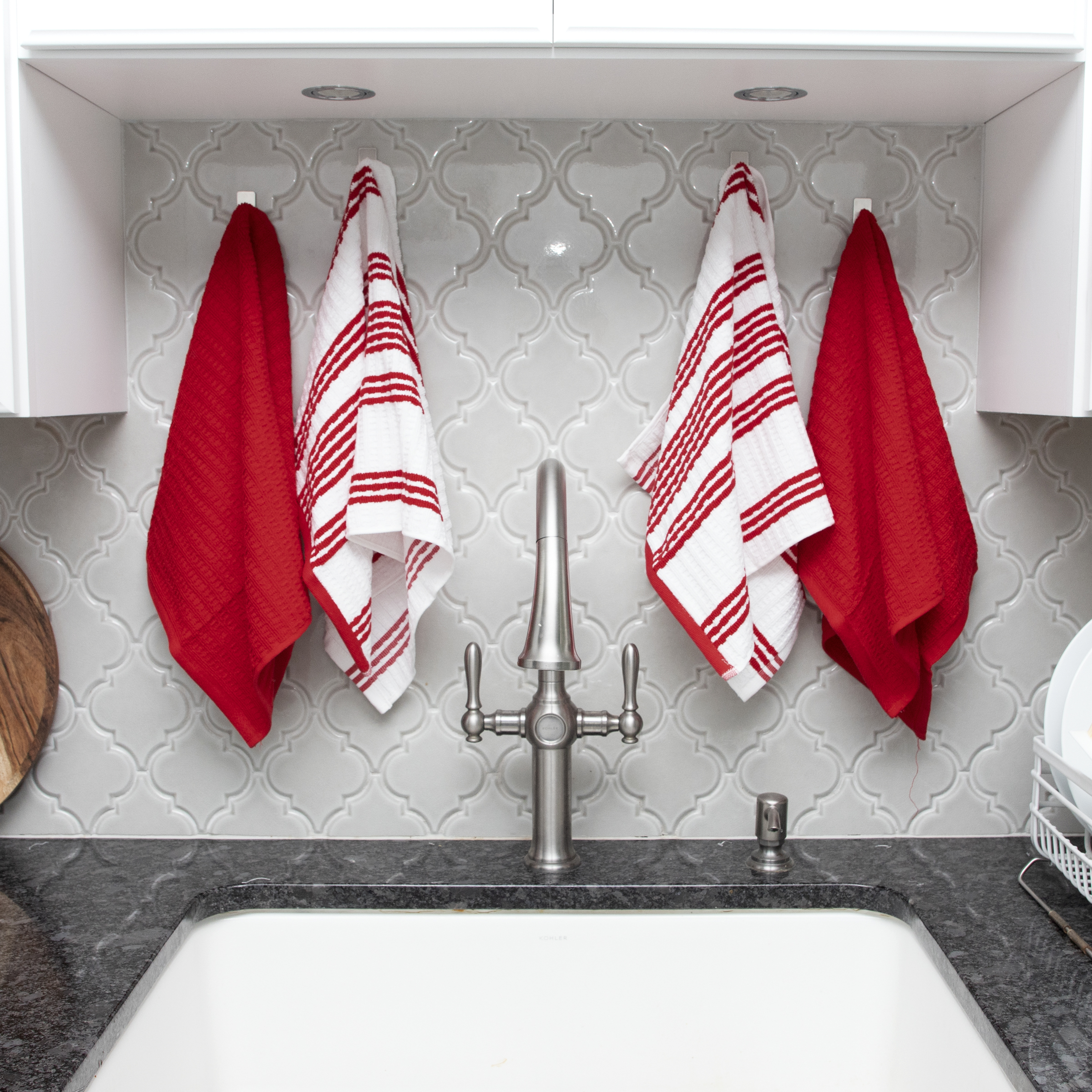 T-Fal Solid & Stripe Premium Kitchen Towels, 4-Pack, Red