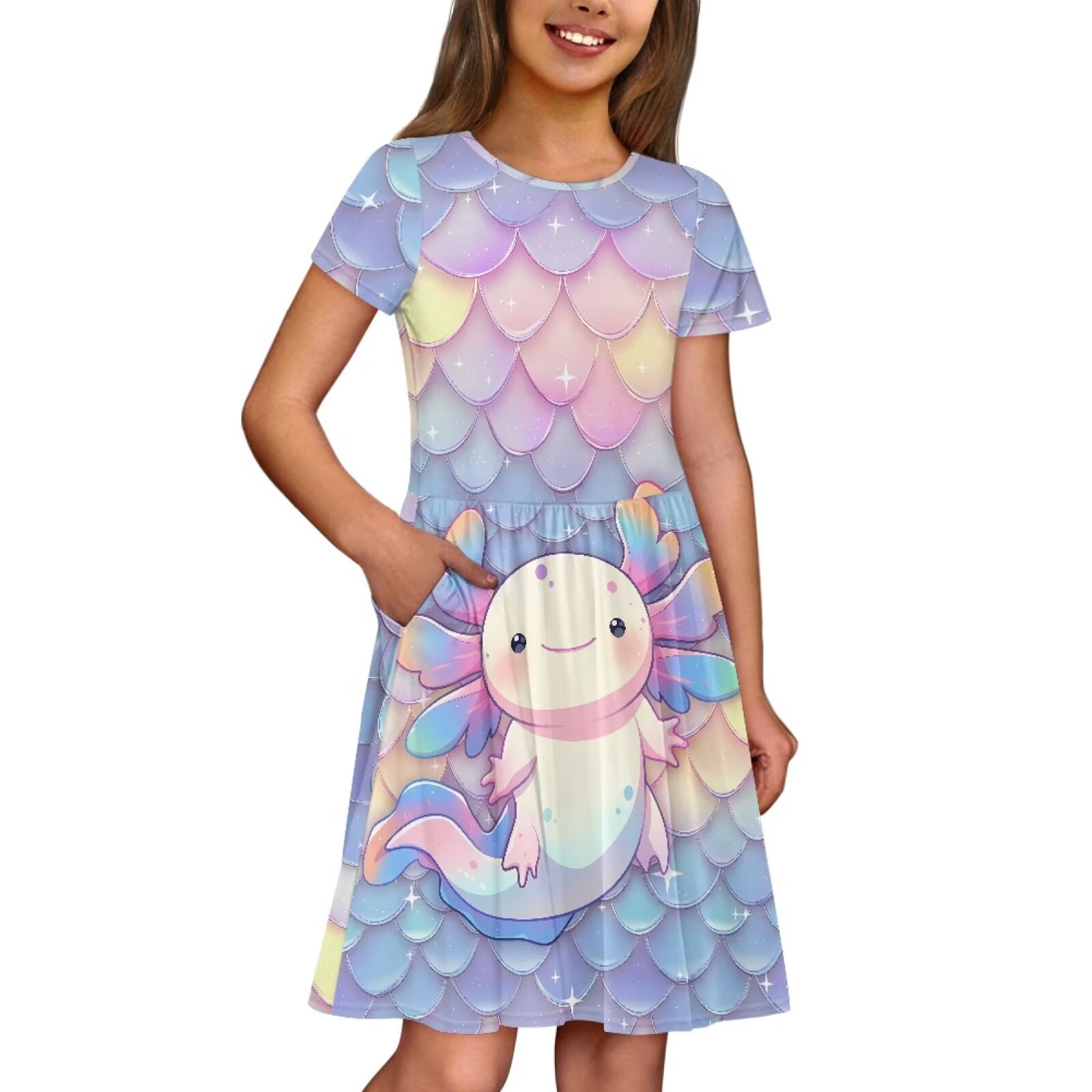 Uourmeti Girls Axolotl Dresses Size 5-6 Fish Scale Short Sleeve Swing Dress Summer Crewneck Midi Dresses Casual Soft Knee Length A-Line Dress with Pockets