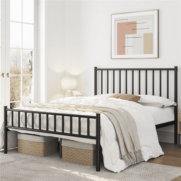 Yaheetech Metal Bed Frame Queen Bed with Spindle Headboard and Footboard,Black