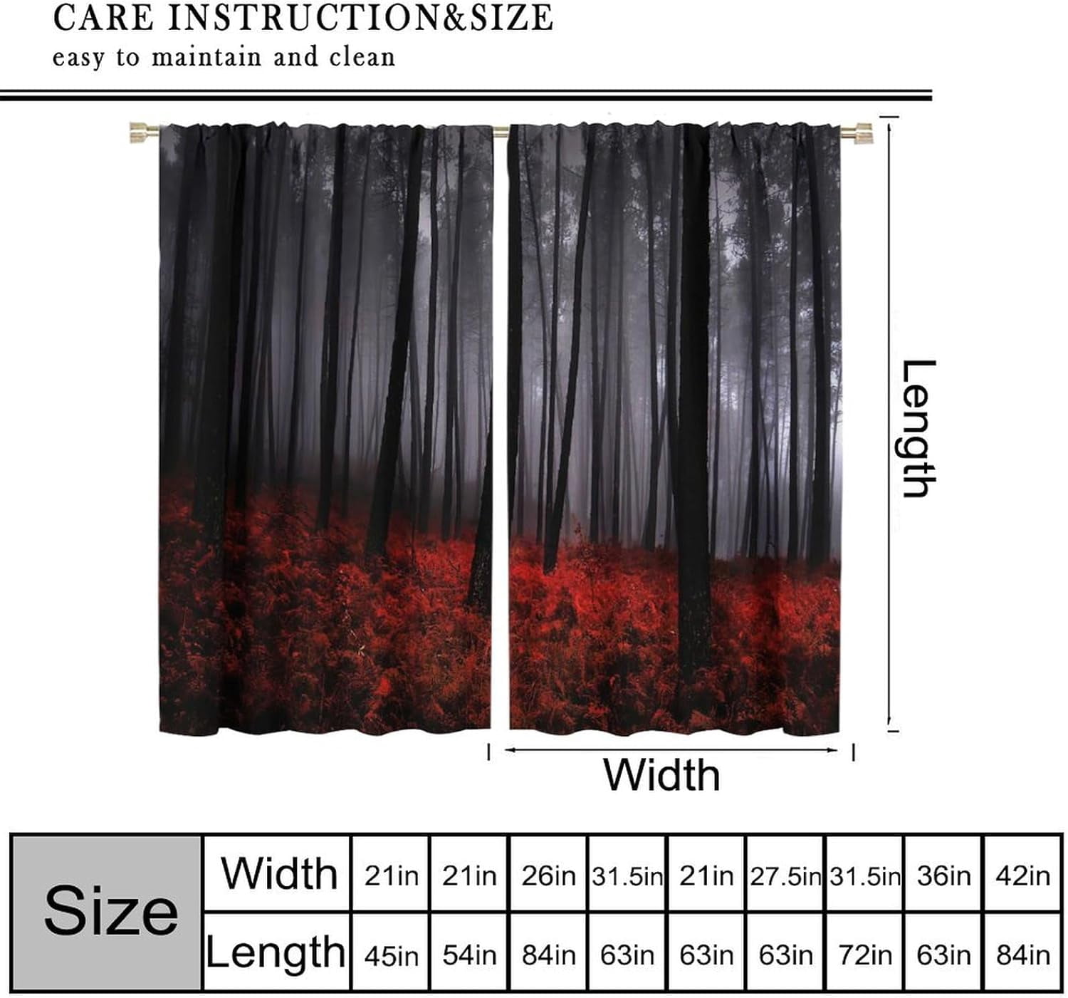 Misty Forest Blackout Curtains, Natural Landscape Dark Jungle Red Lawn Pattern Printed Curtains for Bedroom Living Room Insulation Curtains 84x84 Inch