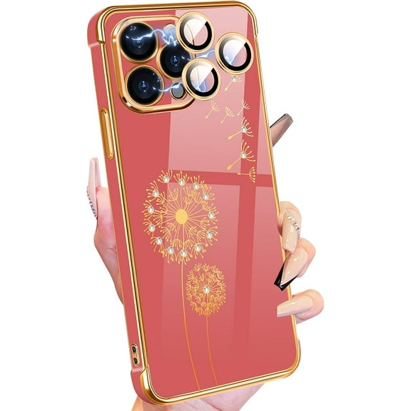 for iPhone 14 Pro Max Case, Cute Women Girls Bling Glitter Dandelion Designed Phone Cases for iPhone 14 Pro Max, Girly Gold Plating Phone Cover for 14 Pro Max with Camera Protector Red