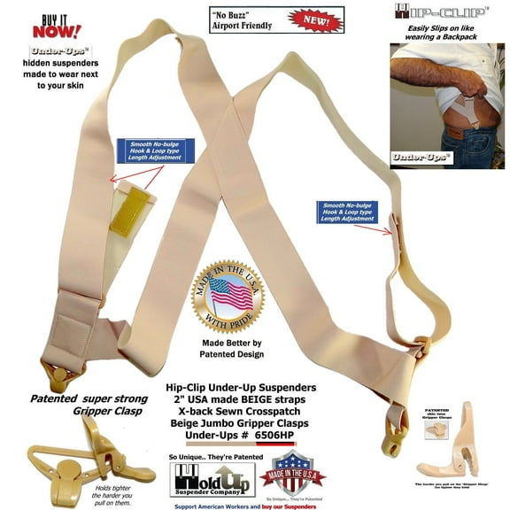 HoldUp Brand 2" Wide Tan Under Up Suspenders With Patented Jumbo Gripper Clasp