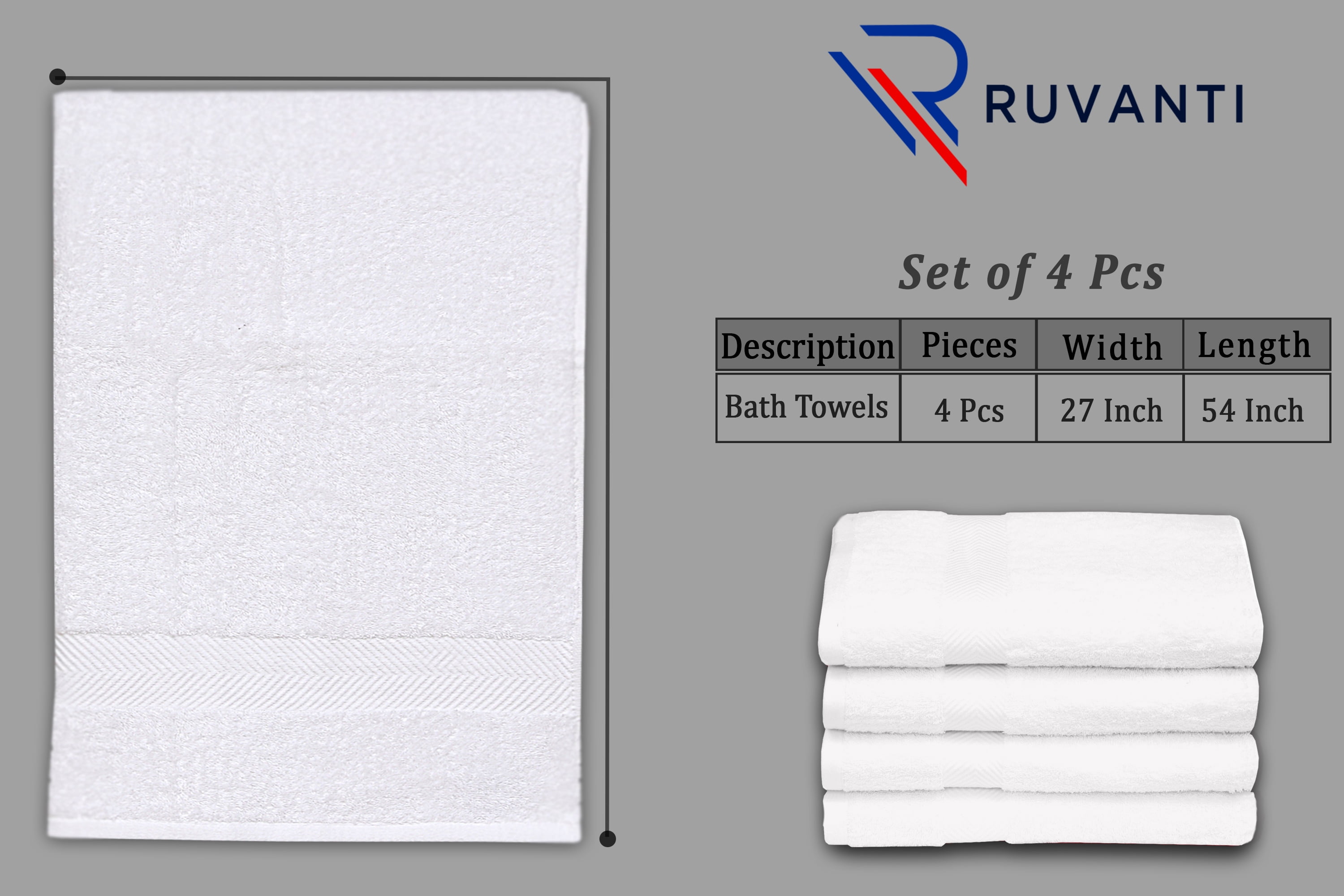 Ruvanti Premium White Bath Towel Set, 8 Pack 100% Cotton, Which  Include 2 Bath 27x54, 2 Hand 16x28, 4 Face 13x13. Extra Soft, Quick Dry, Lightweight, Luxury Towels for Bathroom & Hotel.