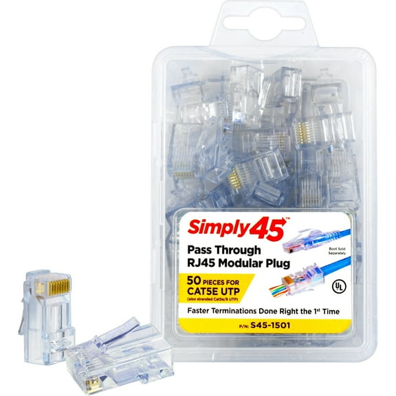 Simply45 Cat5e Pass Through RJ45 Crimp Connectors, Solid 24AWG/Stranded 28-26AWG, Blue Tint, Clamshell 50 pieces