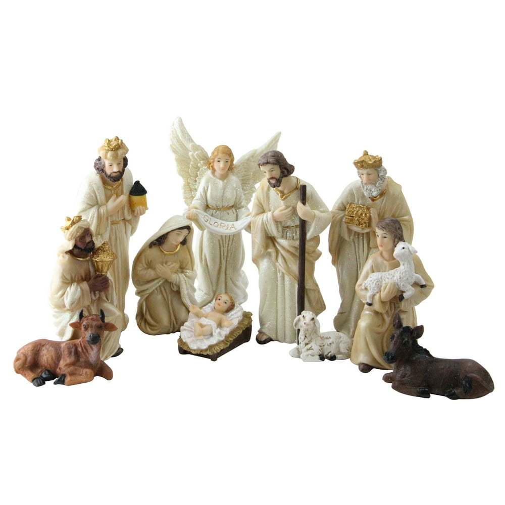 11Piece Glittered Ivory and Cream Christmas Nativity Figure Set