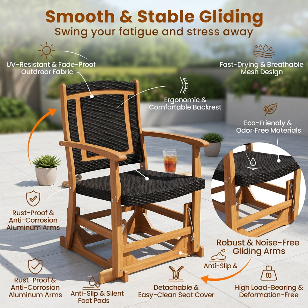Hommoo 2-Person Outdoor Glider Bench with PE Rattan Seat & Back, Acacia Wood Frame, Sturdy Metal Base, for Patio, Backyard, Balcony Seating, Brown