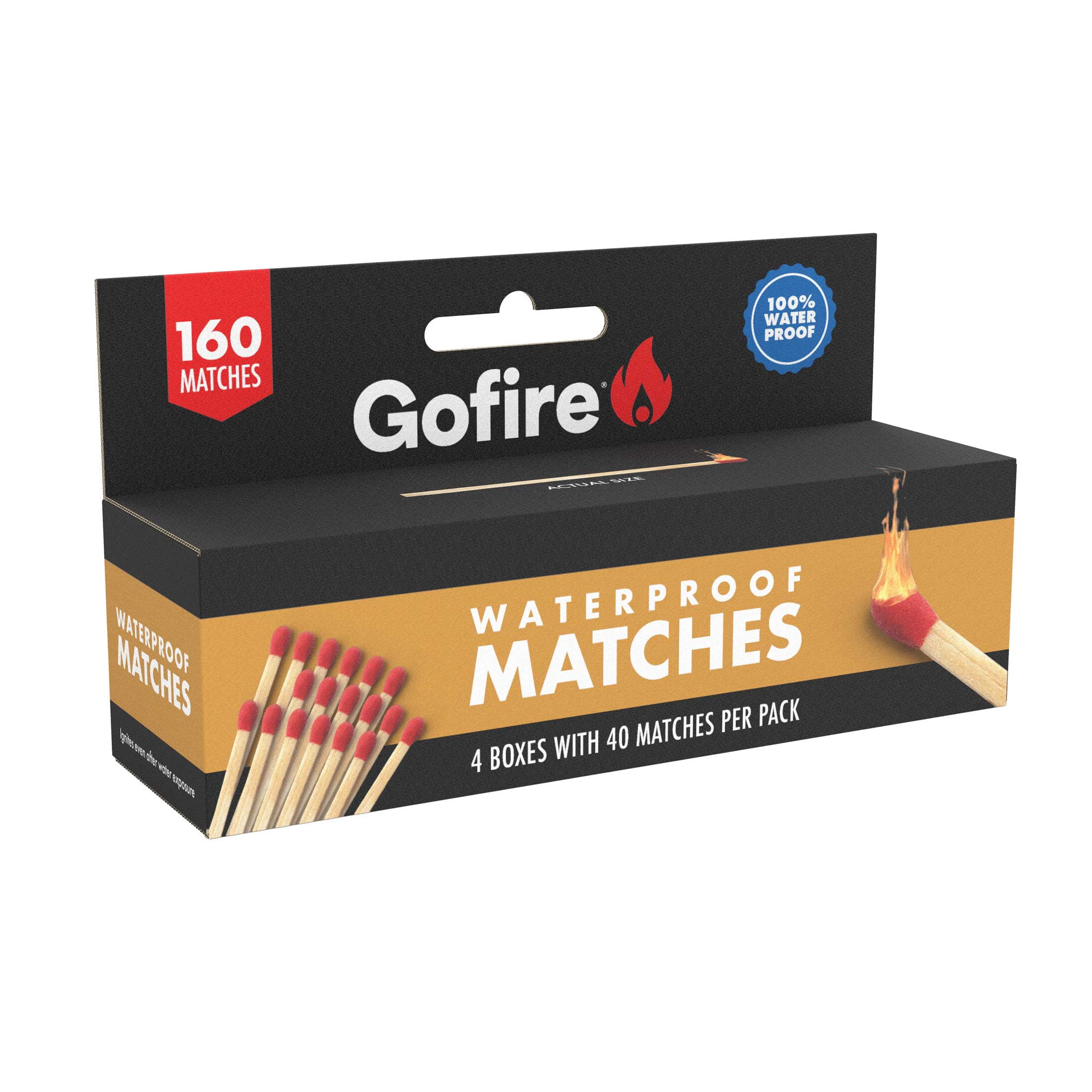 GoFire Waterproof Fire Starters 4 packs of 40 Matches for Outdoor Use, 160 Total