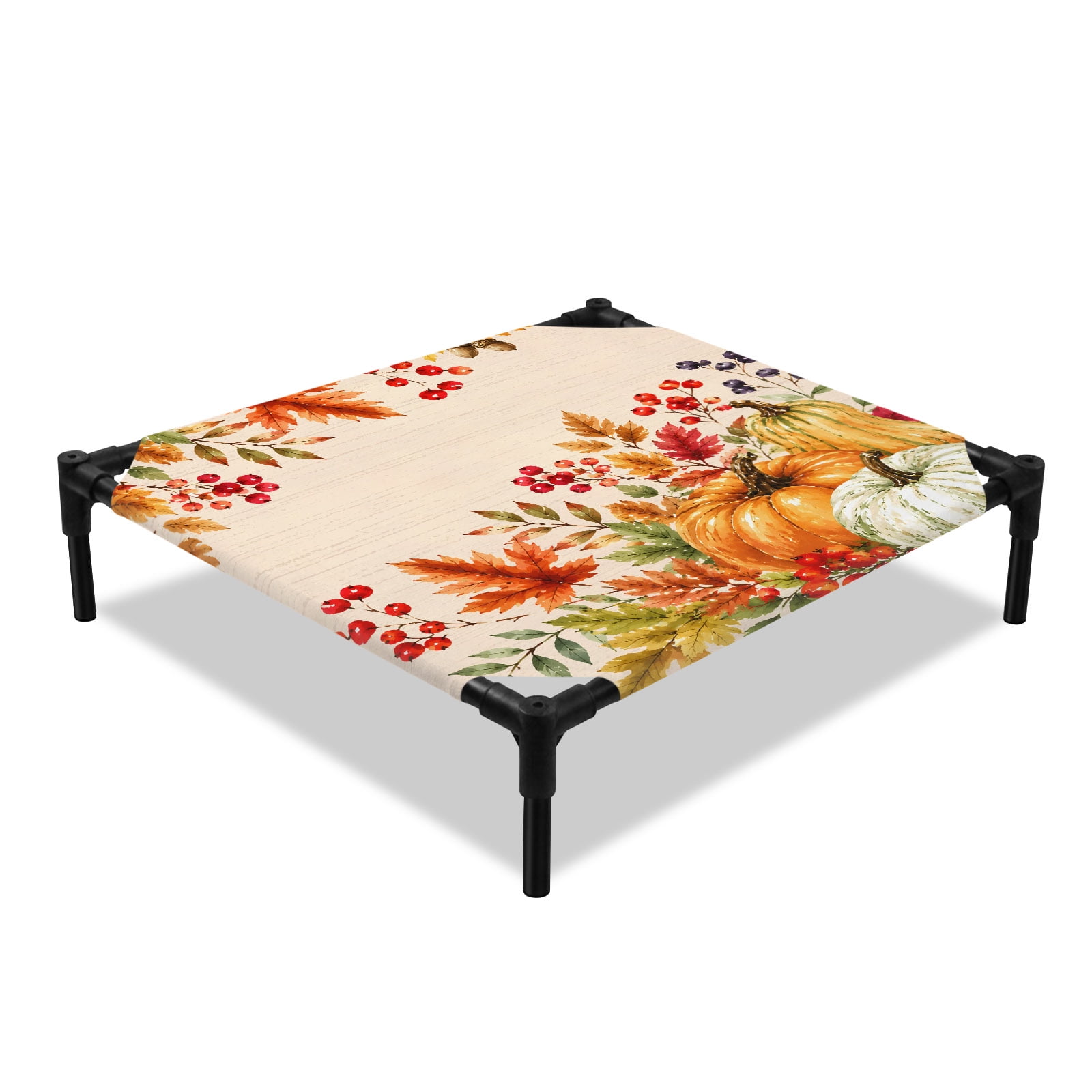 Thanksgiving Elevated Dog Bed Fal Pumpkin Maple Leaves Red Berries Amber Background Cooling Breathable Outdoor Raised Dog Cot Bed with Metal Frame Non-Slip Feet for Small Dog 20x20in
