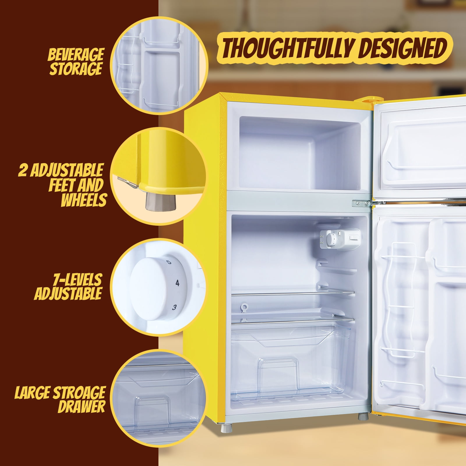 TACOOL Retro Yellow Mini Fridge with Handle Dual Door 3.5Cu.ft Samll Refrigerator with Freezer For Home