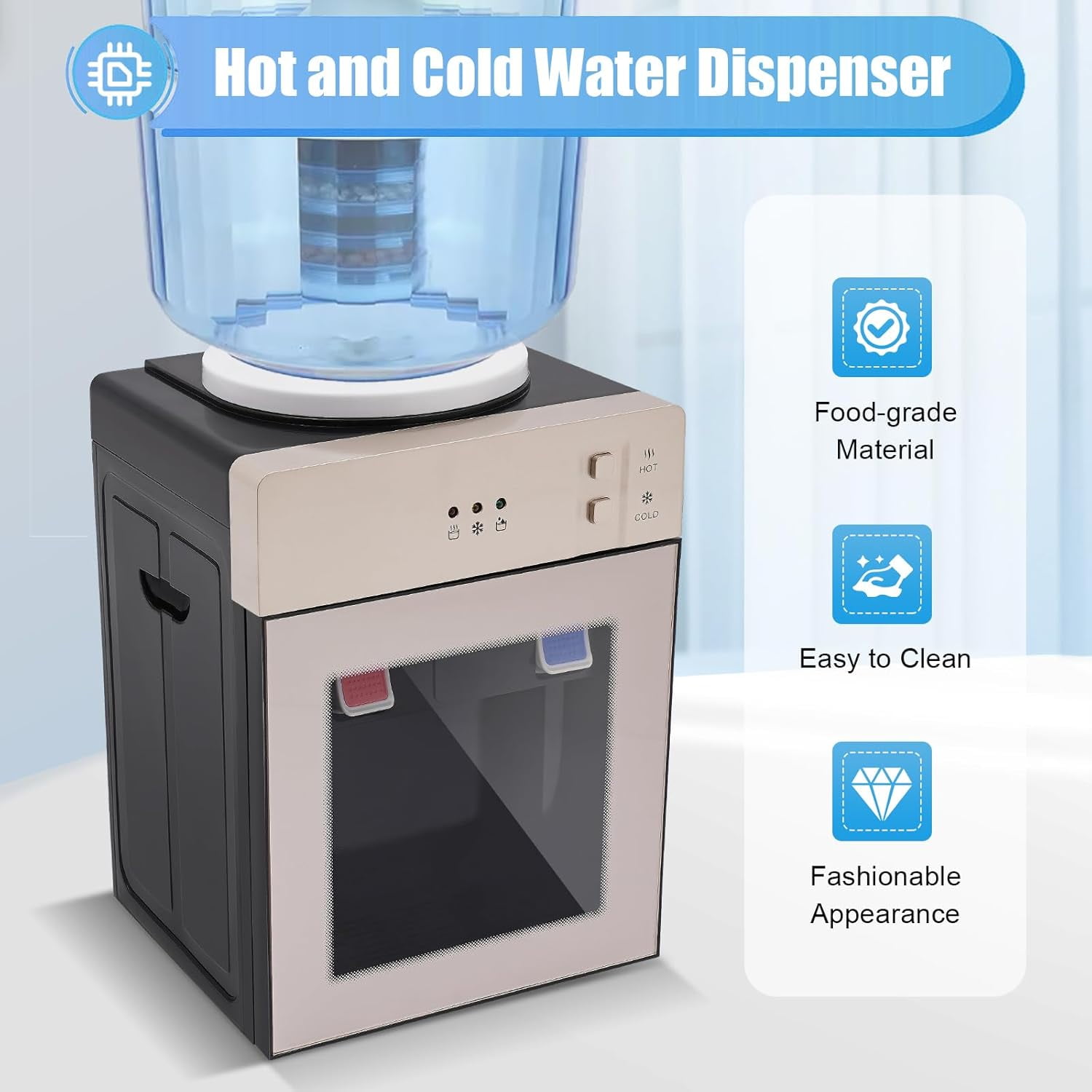 5 Gallon Top Loading Countertop Water Cooler Dispenser, Small Desktop Automatic Drinking with Hot Cold Water for Home Office Dorm
