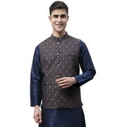 Maple Clothing Men's Indian Outerwear Vest Brocade Nehru Jacket Waistcoat Guest Outfit (Navy Blue/Brown, XL)