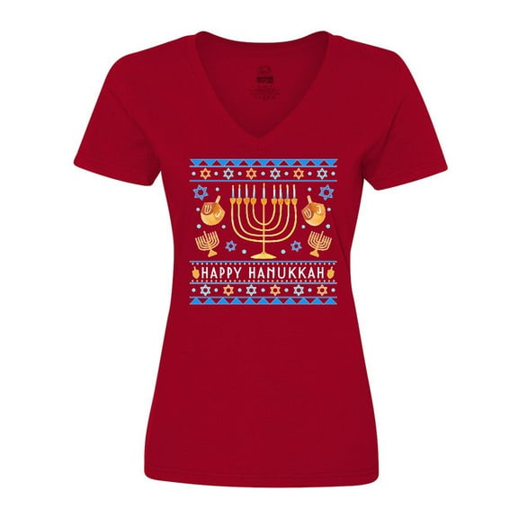 Inktastic Happy Hanukkah Sweater Style Design with Menorah and Dreidel Women's V-Neck T-Shirt