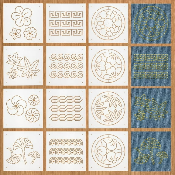 12Pcs Plastic Sashiko Stencil 5x5inch Flowers Leaves Continuous Pattern Embroidery Tool Drawing Line Template for DIY Hand Quilting and Embroidery 0.3mm Thick