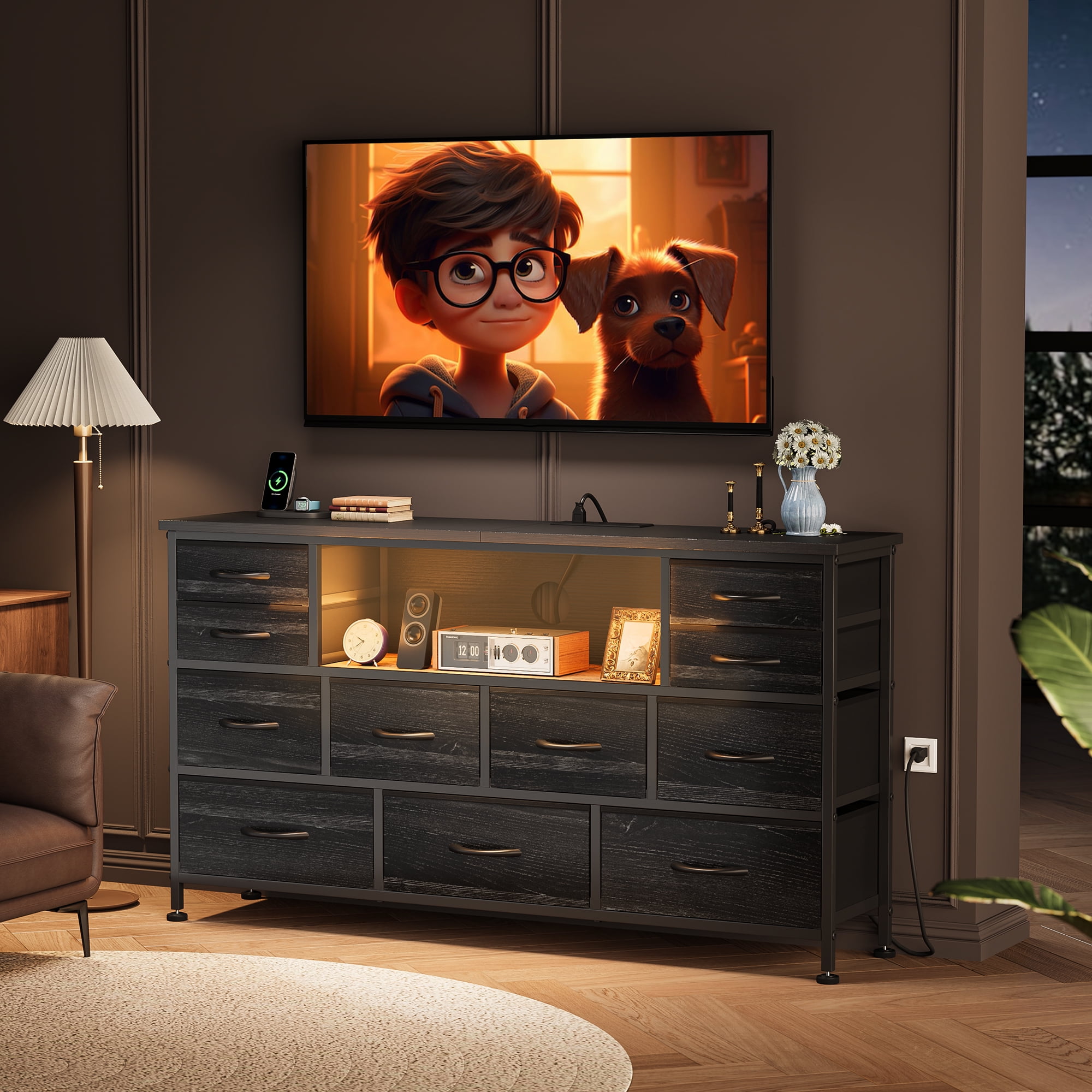 GIKPAL Dresser for Bedroom with LED Lights, Black Dresser TV Stands for 55 60 inch TV with 11 Drawers and Power Outlets, Fabric Chest of Drawers for Bedroom Furniture, Living Room, Adults, All_age  (图2)