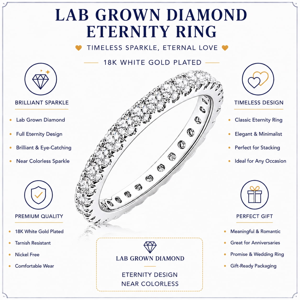 JeenMata Lab Grown Diamond Eternity Ring - Timeless Promise Gift for Women - in 18K White Gold Plating Wedding Rings