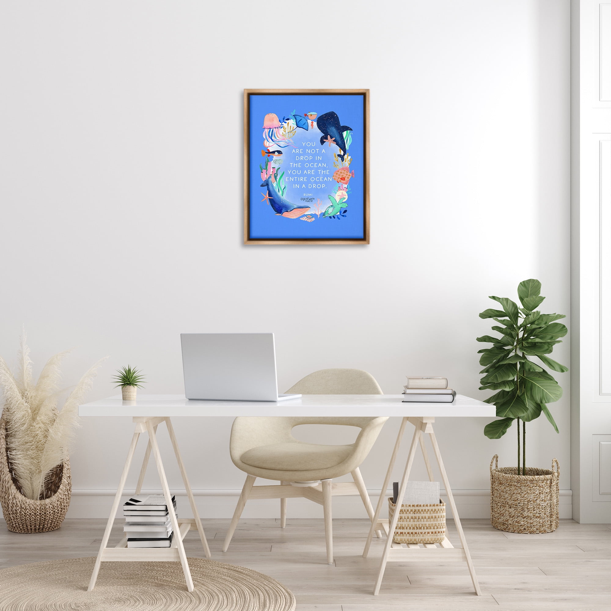 Stupell Industries Ocean In A Drop Phrase Animals & Insects Painting Brown Floater Framed Canvas Art Print Wall Art, 25 x 31