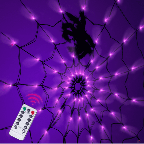 Halloween Decorations Spider Web Lights,4FT Diameter 70 LED with Black Spider, Waterproof Net Lights, Remote Control, 8 Modes Cobweb Halloween Decorations for House Garden Indoor Outdoor (Purple)