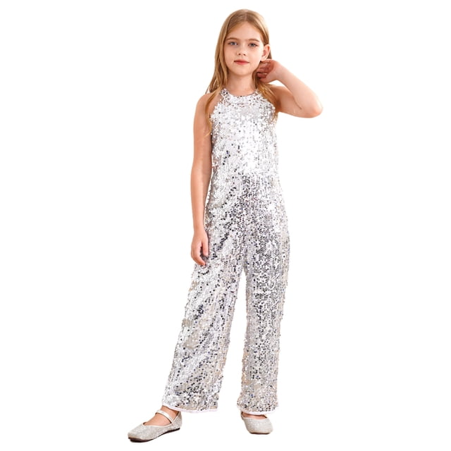 Loodgao Combinaison à Sequins pour Filles, Col Halter, Sans Manches, pour Fête, Danse Formelle, Argent 10