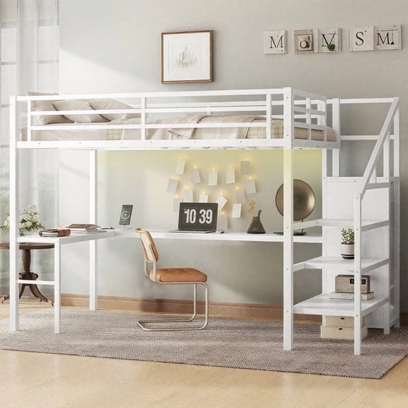 HICOMILA Full Size Metal Loft Bed with Desk and Wardrobe, Heavy Duty Loft Bed Frame with Storage Stairs USB LED Lights Adjustable Shelf for Teens,Adults, White