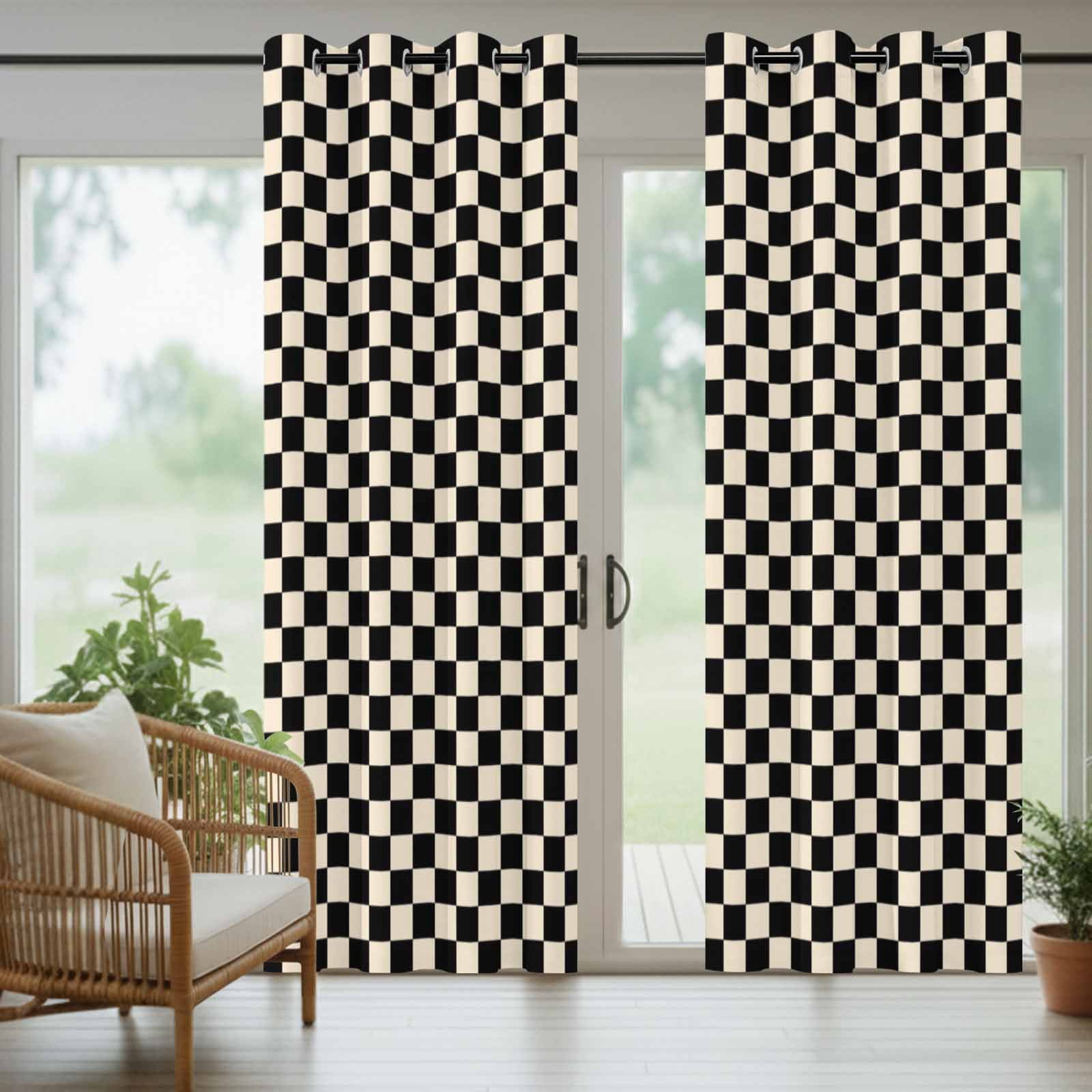 Black Beige Checkered Outdoor Curtains for Patio, Abstract Minimalist Plaid Sunshade Privacy Drapes Grommet Waterproof Outside Curtains for Porch/Cabana/Balcony 54"x 108", 1 Panel