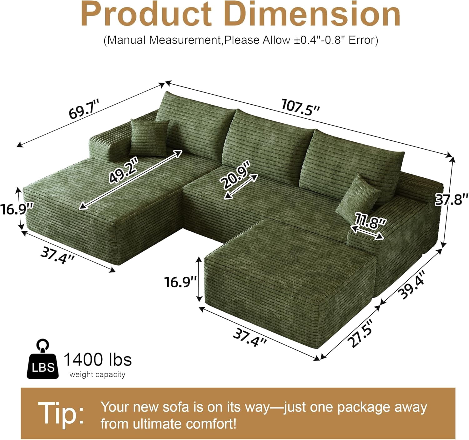Sailvan 107" Cloud Sectional Couch, Cloudy Sofa with L-Shape Chaise & Ottoman, Upholstered Couches for Living Room & Bedroom, No Assembly Required, Plush Corduroy Fabric, Green