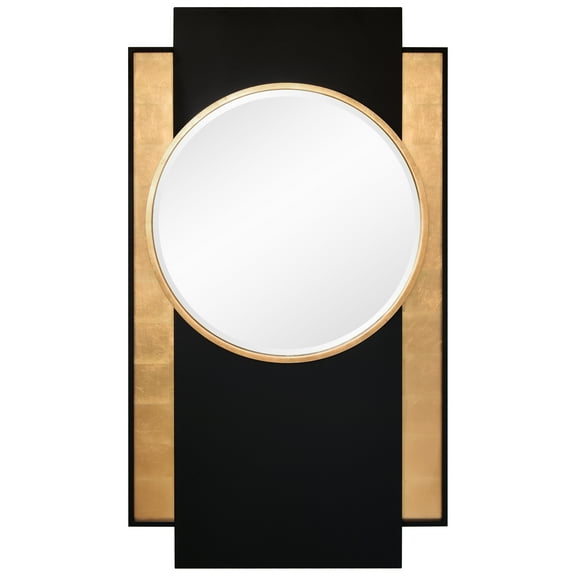 "Modern Elegance Gold and Black Wall Mirror", 37"x65", Beveled Center Round Mirror Featuring a Black and Gold Foiled Iron Frame