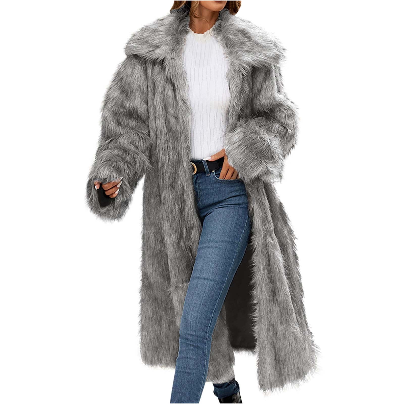 Meichang Long Faux Fur Jacket for Women Open Front Long Sleeve