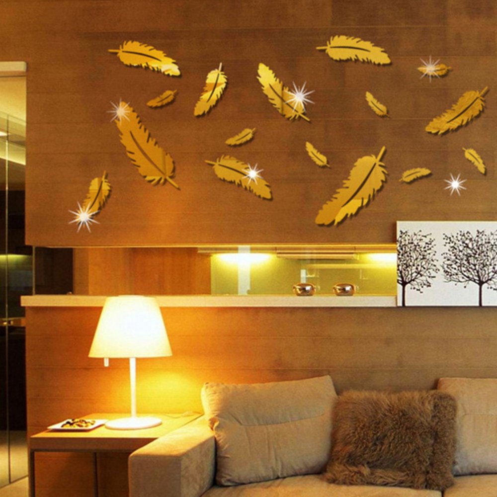 Modern 3D Mirror Feather Wall Stickers Wall Decal DIY Removable Dining