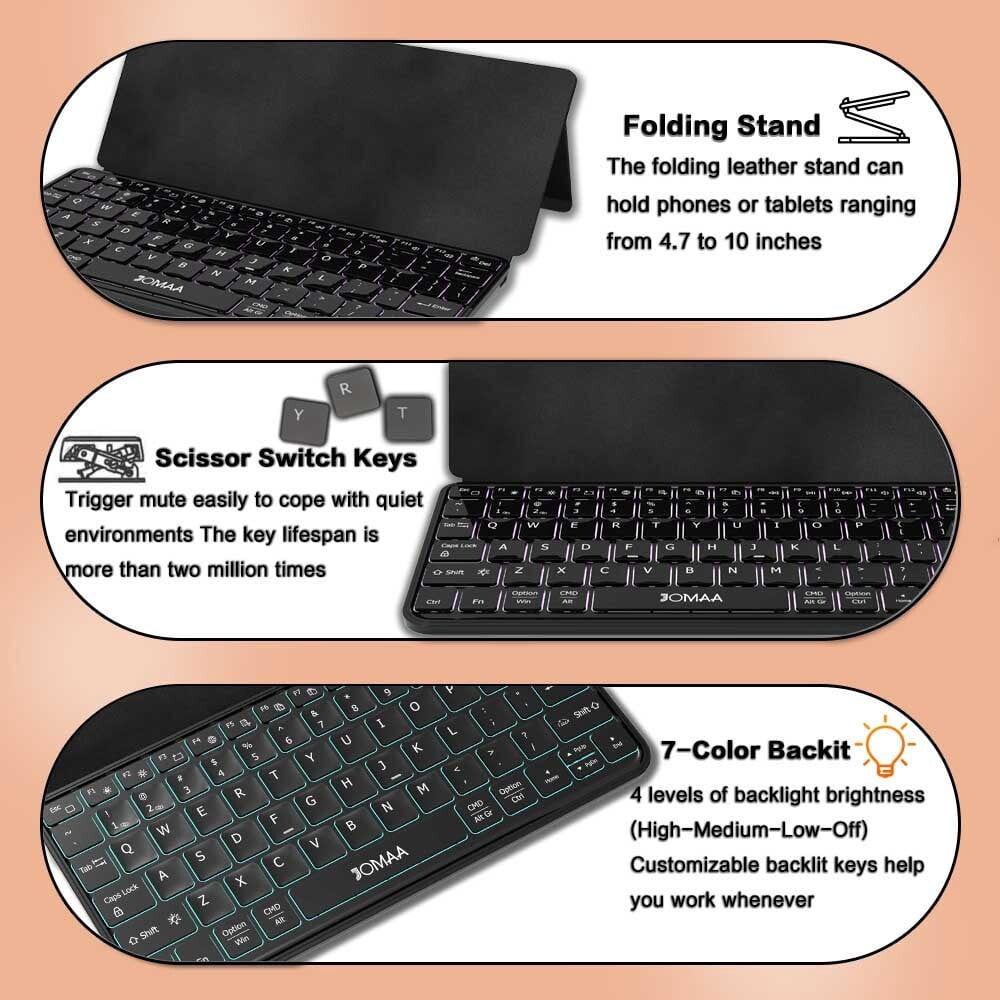 Mini Dual Bluetooth Keyboard with Any-Angle Kickstand & Leather Cover, Wireless Backlit Keyboard for Cell Phone, Ultra-Slim Portable, Rechargeable