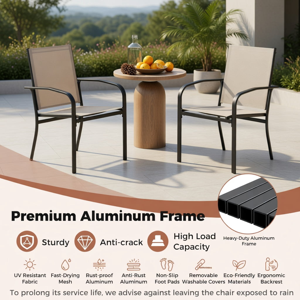 Hommoo 2-Pack Outdoor Dining Chairs, High-Back Metal Patio Chairs with Ergonomic Lumbar Support, Stackable & Weather-Resistant Fabric, Light Brown