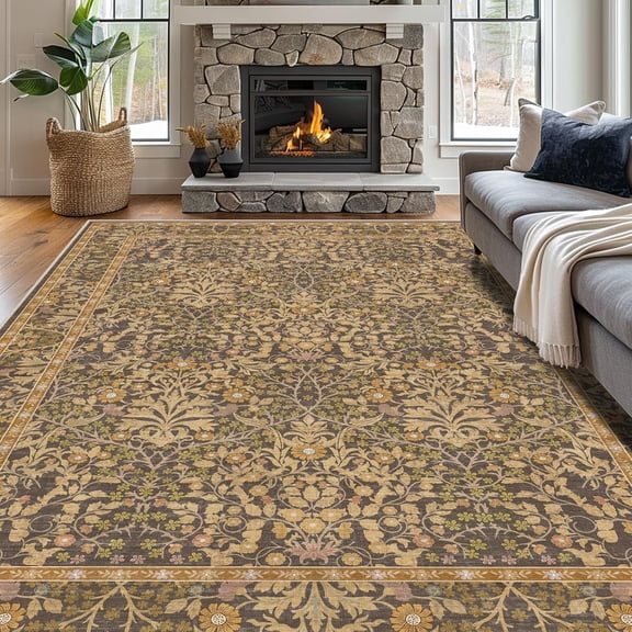 8 x 10 Floral Low Pile Washable Area Rug Goldenrod