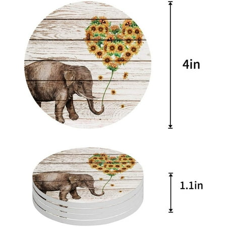 

ZHANZZK Sunflowers You Are My Sunshine Elephant Set of 8 Round Coaster for Drinks Absorbent Ceramic Stone Coasters Cup Mat with Cork Base for Home Kitchen Room Coffee Table Bar Decor