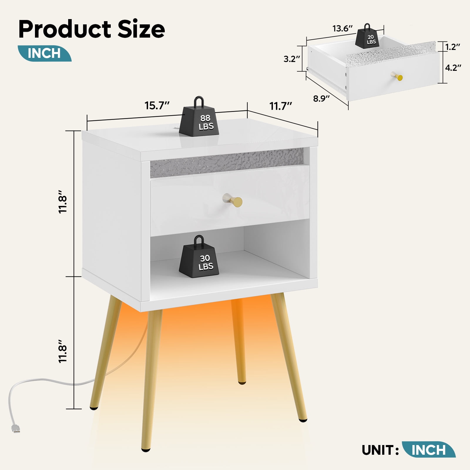 Pinmoco LED Nightstand with Charging Station, Modern End Side Table with Drawer and Open Storage for Bedroom, White