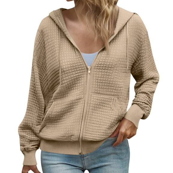 Olyvenn Waffle Zip Up Hoodie for Women Loose Sweatshirt Jacket Long Sleeve Casual Fall Outfits Fashion Hoodies with Pockets Khaki L