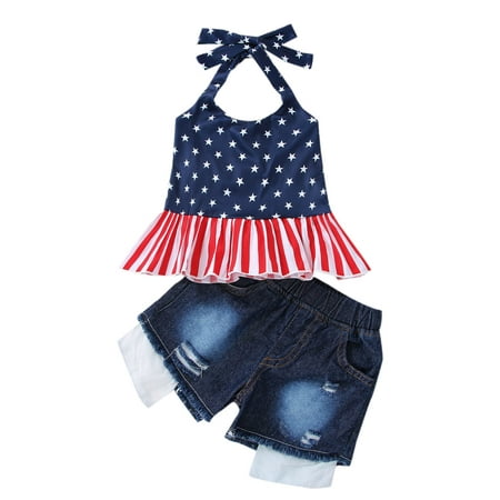 

Clearance! 4th of July Baby Girls Outfits 4th of July Outfits for Toddler Girls 4th of July Independence Day Short Sleeve Round-Neck Star Print Ruffles Jeans Sets Suit For 6 Months-4 Years