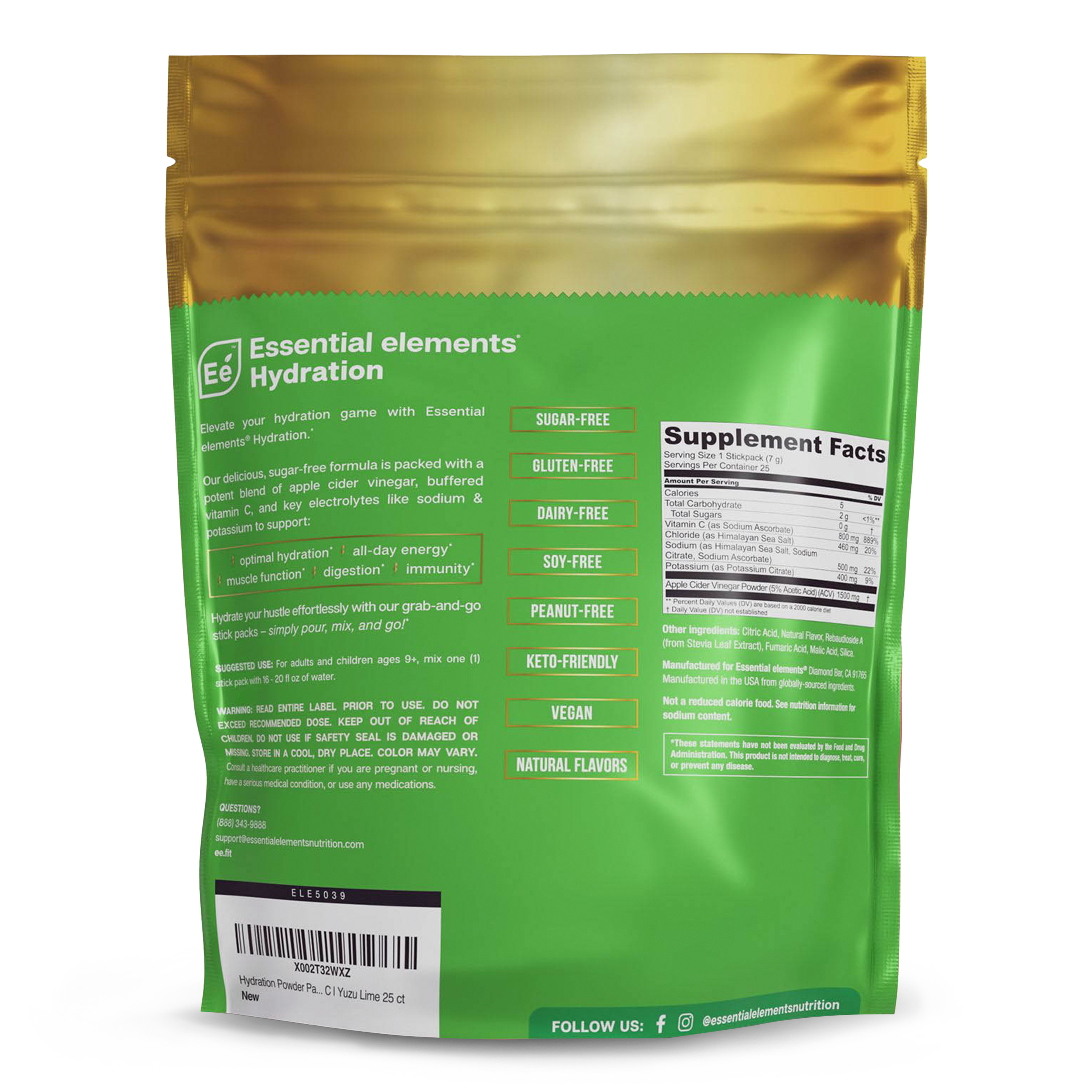 Essential Elements Hydration Packets - Yuzu Lime - Electrolytes Powder No Sugar - Electrolyte Drink Mix - Superior Hydration with ACV & Vitamin C - 25 Stick Packs