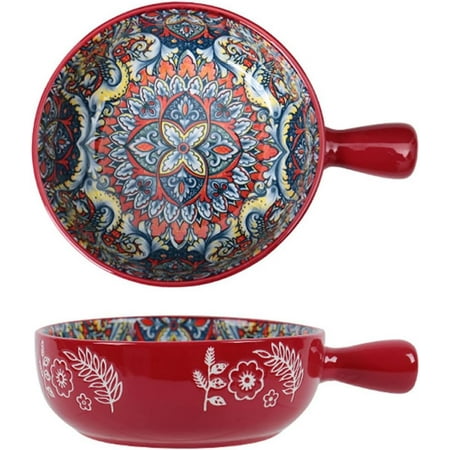 

HYKE 1 Pack Hand-painted Ceramic Serving Bowl with Handle Round Salad Bowl 6 Inches - Bohemian Pattern (Red)