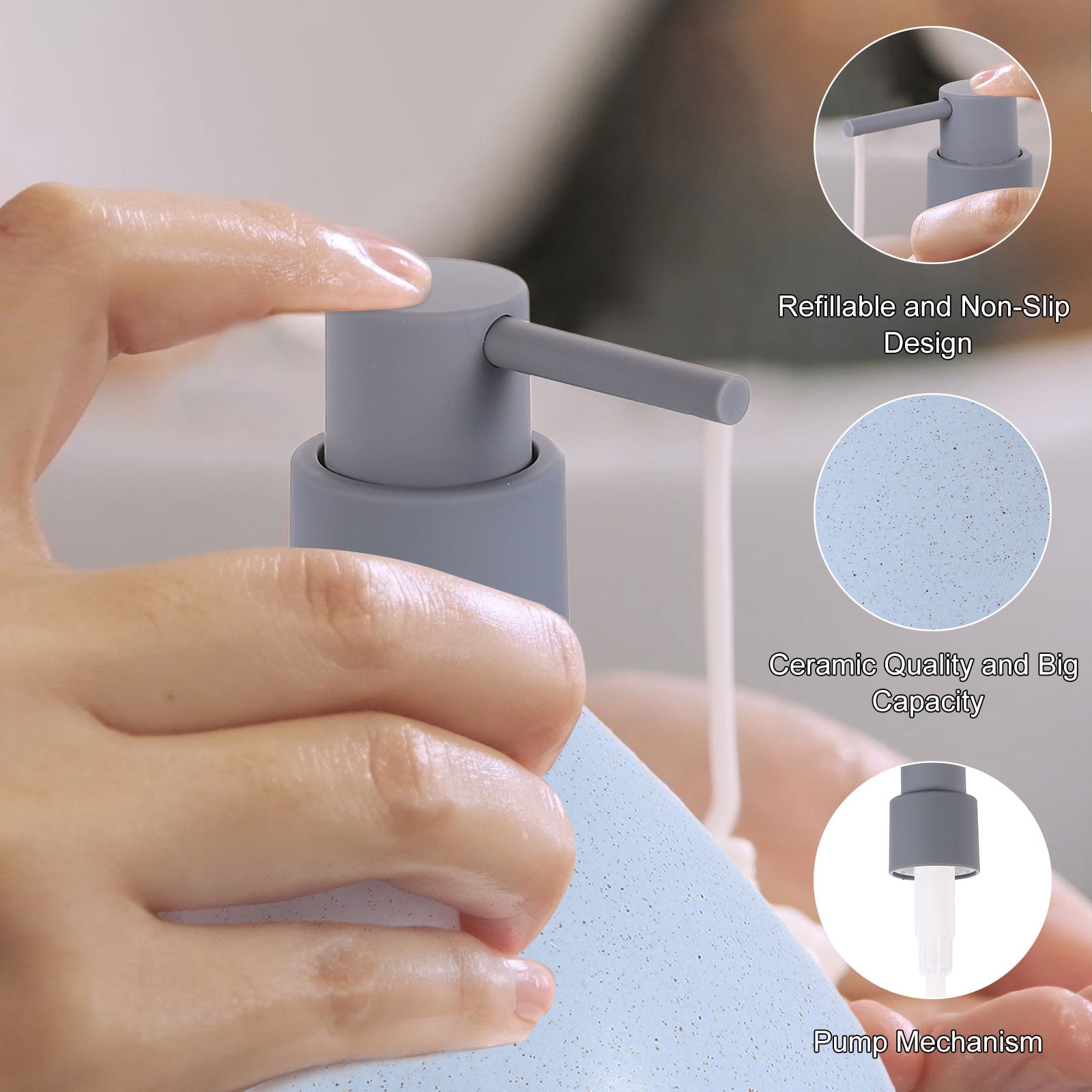 Unique Bargains Foaming Soap Dispenser Ceramic Pump for Bathroom Blue 450ml 15oz
